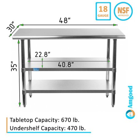 Amgood 30x48 Prep Table with Stainless Steel Top and 2 Shelves AMG WT-3048-2SH